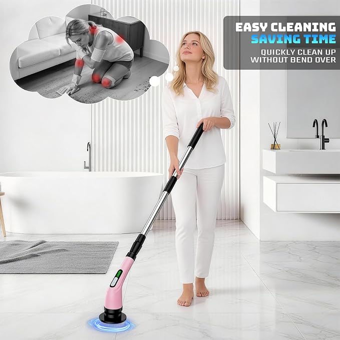 Highyes Electric Spin Scrubber for Bathroom, Upgrated Powerful IPX7 Waterproof Shower Scrubber with Extendable Long Handle A10D (Pink) | IPX7 Waterproof Shower Scrubber with Extendable Long Handle，Bathroom Cleaning Scrubber with 7 Reusable Brush Heads