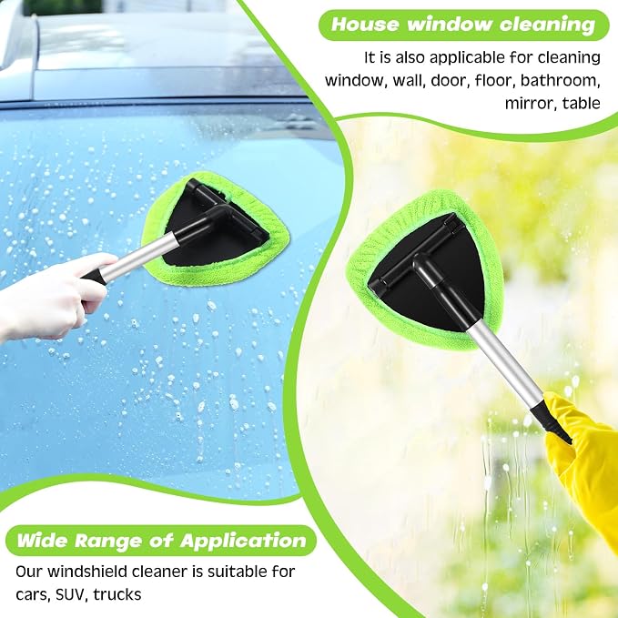Potchen 8pcs Car Windshield Cleaner Tool with Extendable Handle, Green | with Microfiber Towel Pads, Brush, Empty Spray Bottle, Car Window Cleaner for Auto Glass Wiper Suvs Rvs & Home Windows