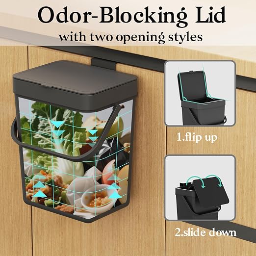 LALASTAR Countertop Compost Bin, Hanging Small Trash Can with Lid Under Sink for Kitchen, Food Waste Bin for Countertop, Mountable Garbage Can for Bathroom, RV, 5L/1.3 Gal,Sliding Lid, Black
