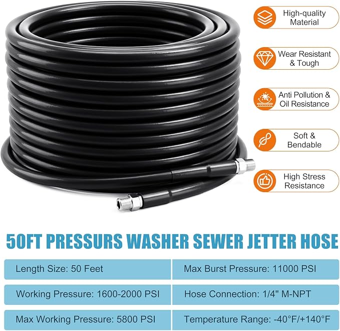Sewer Jetter Kit for Pressure Washer, 50FT 5800PSI Drain Jetter Hose Kit | Drain Cleaner Hose Kit with 4 Jet Nozzles, Rotating Nozzle, 1/4" NPT Sewer Jetter Nozzle for Drain Pipes, Sewer Lines Gutter