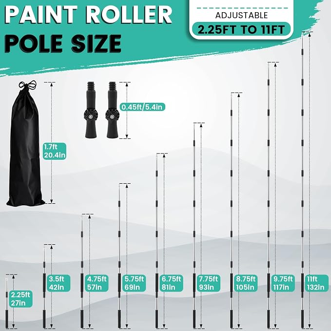 Paint Roller Extension Pole with Swivel,2Ft to11Ft Multi-Purpose Splice Extension Pole Long Handle with 180 Degree Swivel Head Window Squeegee Gutter Cleaning Tools Soft Sponge Handle