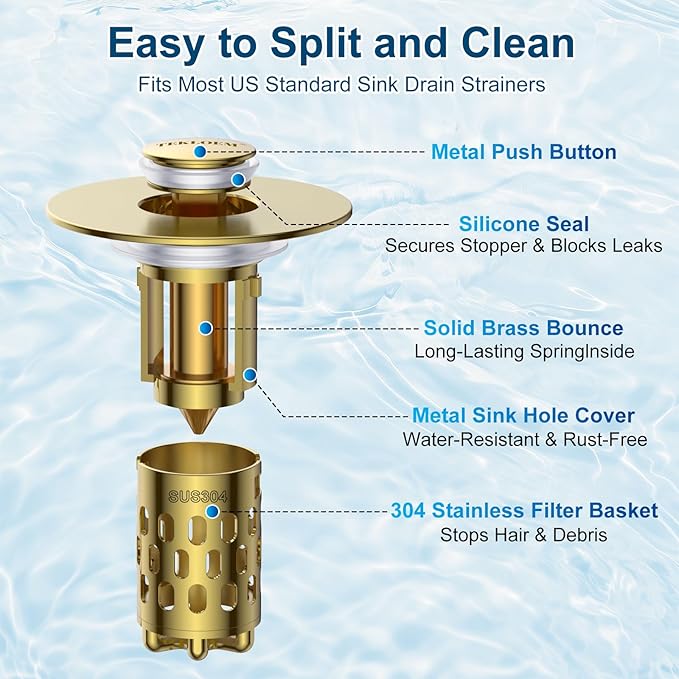 Bathroom Sink Drain Strainer,All Metal Pop-Up Sink Stopper with Removable Stainless Steel Filter Basket, Universal Bathroom Hair Catcher Fit for 1.1-2.36'' Drain (Gold, 1 Pack)