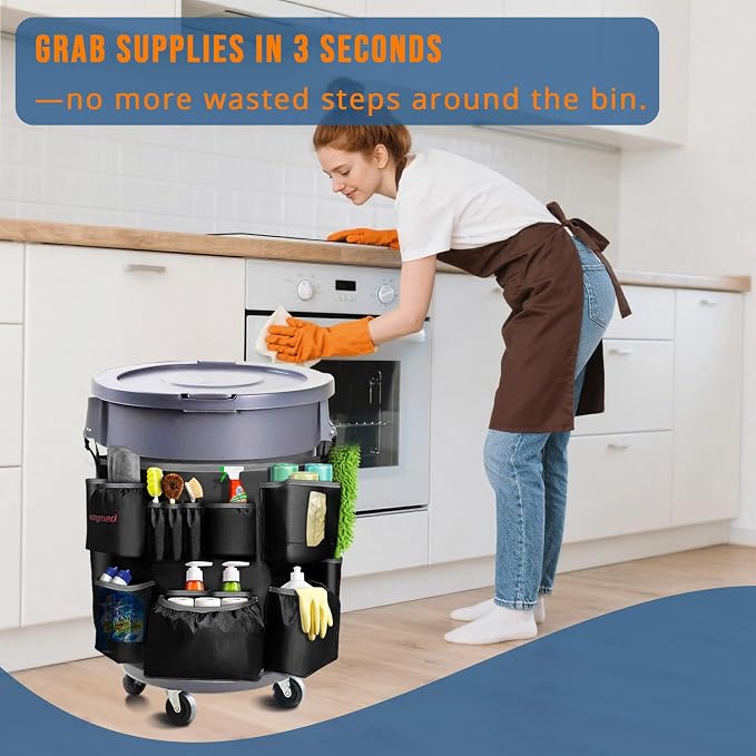 Trash Can Caddy Bag for 32-55 Gallon Garbage Bin, Hongmed Caddy for Commercial Cleaning Supplies, Multi-Pocket Utility Apron with Adjustable Straps, Heavy-Duty Nylon Organizer for Janitorial Duties