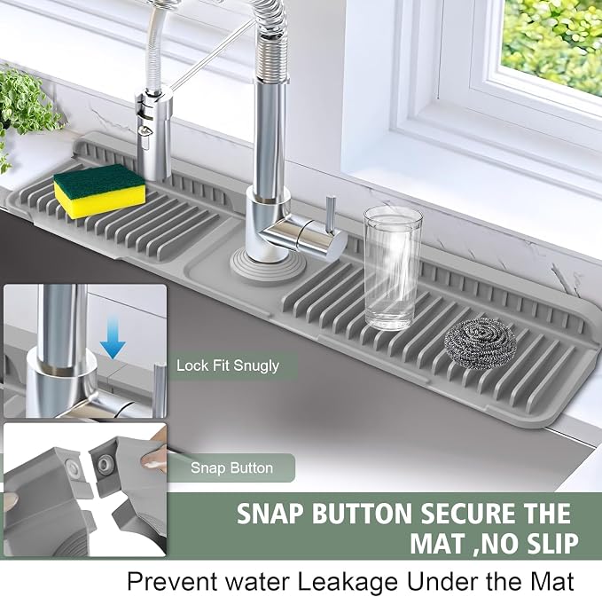 24-Inch Kitchen Sink Splash Guard Mat | 7° Slope for Fast Self-Draining | Snap-Lock Design | Universal & Cuttable Silicone Faucet Mat Gray