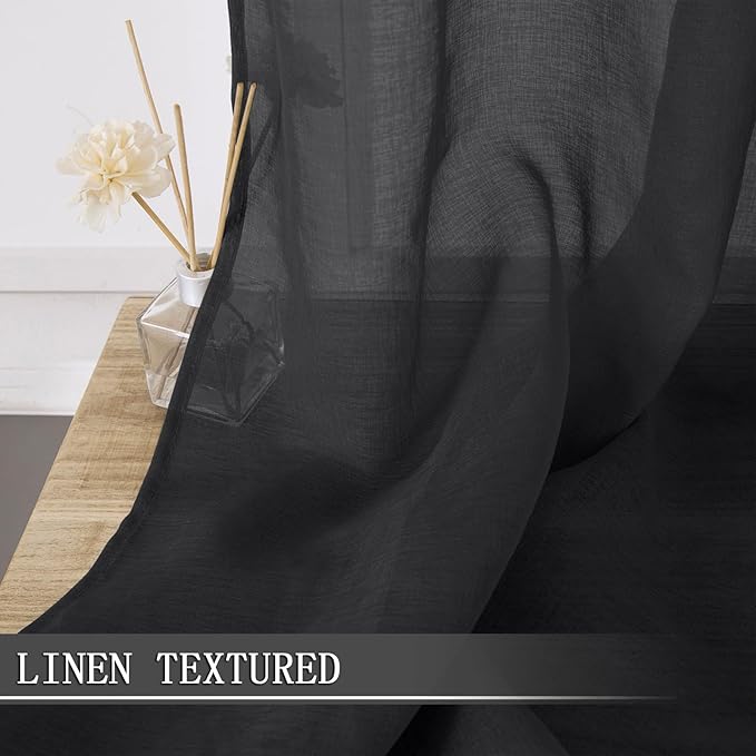 Tollpiz Sheer Curtains Living Room Linen Textured Curtain Sheers Light Filtering Voile Rod Pocket Curtains for Bedroom, 38 x 63 inches Long, Black, Set of 2 Panels