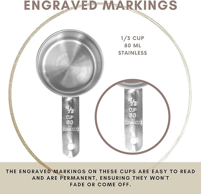 1/3 Cup Stainless Steel Measuring Cup | Sturdy Metal 80 ml | 80 cc | 3 oz | Single Cup for Wet and Dry Ingredients | Great for use as 1/3 Cup Dog Food Scoop - 4 PK