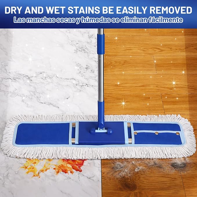 36" Commercial Dust Mop: Dust Broom for Hardwood Floors Cleaning | 2 Pcs Cotton Mop Pads, 59" Long Handle, Heavy Duty Frame, Industrial Professional Cleaning Supplies, Blue