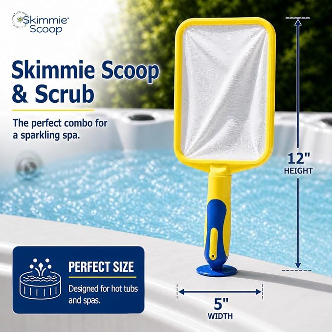 The Skimmie Scoop - Patented Handheld Skimmer with Fine Mesh Net for Spa, Hot Tub, Cold Plunge and Small Pool Cleaning - Lightweight and Durable with Powerful Suction Cup - Clean Out Filter (Yellow)