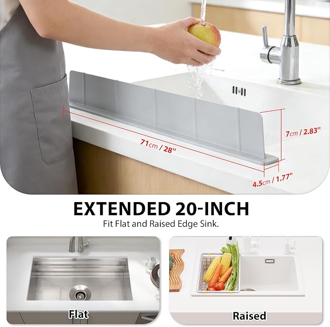 28Inch Silicone Sink Splash Guard with Strong Suction Cups, Flexible Kitchen Sink Splash Guard for Front of Sink, Easy to Clean Splash Guard for Kitchen & Bathroom (Grey, 28''x2.8'')