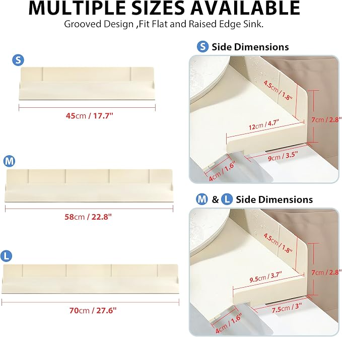 Full-Coverage Sink Splash Guard – 17.7 Inch Extra-High Ramp with Super Strong Suction Cups, Silicone Sink Splash Guard with Front-Edge Storage for Kitchen (White, 17.7''x4.7''x2.8')