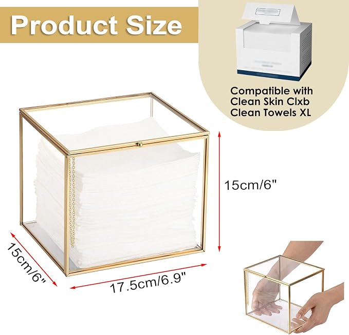 Sumnacon Glass Disposable Face Towel Holder Compatible with Clean Skin Cluub XL Facial Towels, Gold Clear Face Towels Storage Box with Lid, Makeup Container Organizer for Bathroom, Vanity Countertop