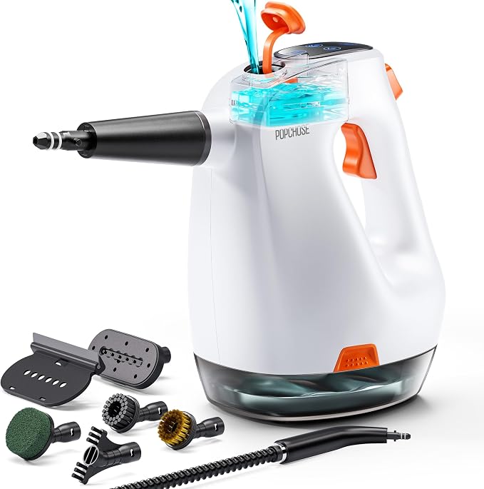 POPCHOSE Handheld Steam Cleaner with Detergent Dispenser | 15s Heat-Up, 500ml Removable Water Tank, Lightweight Portable Steamer for Cleaning Grout, Windows, Kitchen & Bathroom