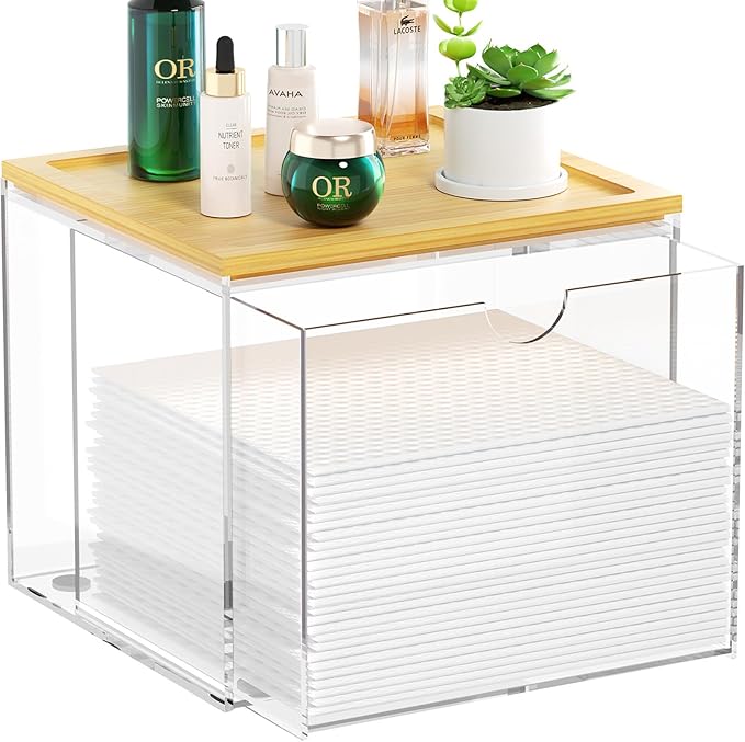 VITVITI Drawer Disposable Face Towel Holder Box, Acrylic Storage, Clear | Face Towels Holder Container for XL Clean Skin Club, Facial Towel Storage with Bamboo Lid, for Bathroom, Vanity Makeup