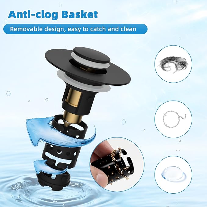 Universal Bathroom Sink Drain Stopper Hair Catcher, Matteblack | Upgraded with 2-Layer Detachable Filter Basket, 4 in 1 Pop Up Drain Strainer, Anti-Clog, Fit for 1.1''~2.36'' Sinks