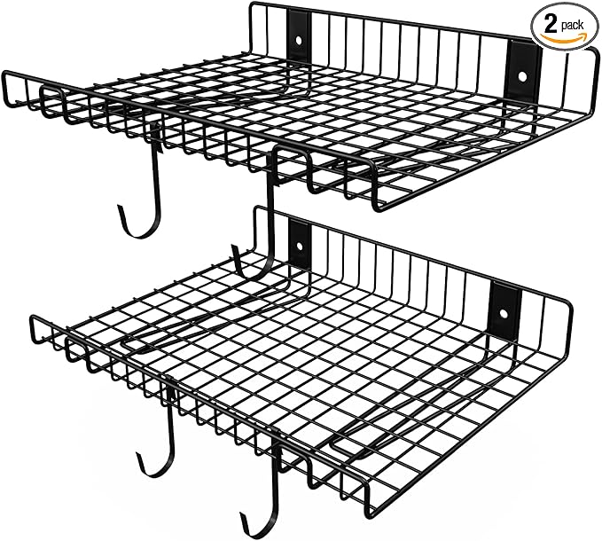 2 Pack Garage Wall Shelf, Wall Mounted Storage Shelves, Heavy Duty Metal Shelves for Room Wall, Loads 130 LBS Floating Shelves Mesh Storage Rack for Garage, Office, Basement,Wall Cabinet and Kitchen