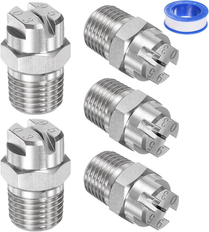 M METERXITY 5-Pack Flat Fan Spray Tip, 95 Degree 1/4BSPT Male Stainless Steel Pressure Washer Nozzles Cleaner Nozzle Replacement W Sealing Tape for Water Guns (1.1mm Orifice)