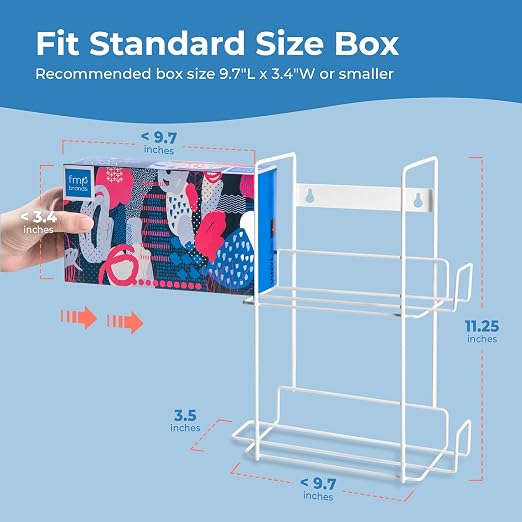 FMP Brands Double Glove Holder for Wall Mount, Wire Rack Disposable Napkin Gloves Box Holder, White Durable Metal Organizer Dispenser for Food Service, Lab, Office, Home, and Garage