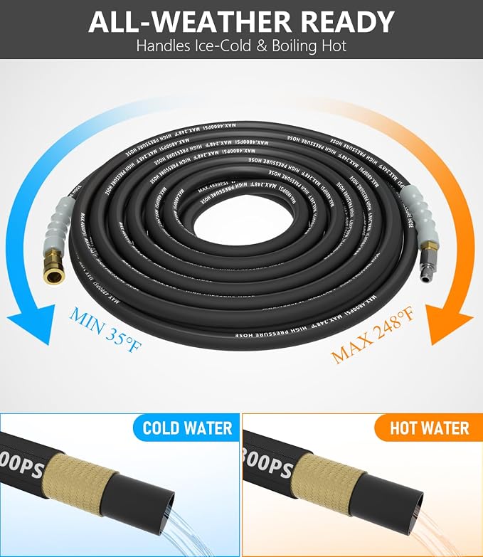 3/8" Pressure Washer Hose 100FT 4800 PSI, Kink Resistant Steel Braided Layer & NonMarking Rubber for Hot/Cold Water, High Power Washer Hose With 3/8 Inch Quick Connect & M22 Fitting, Black