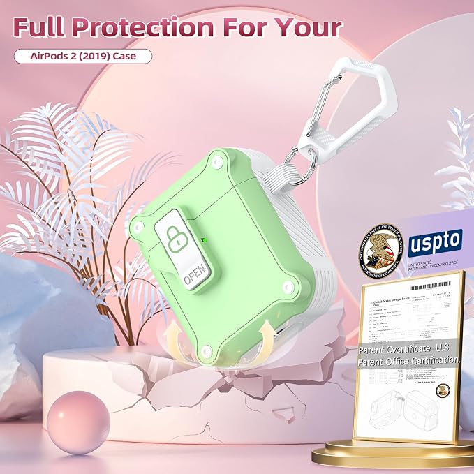 R-FUN for AirPods 2 Case Cover with Lock Magnetic Lid, White/Avocado | Compatible with Apple AirPods 2 and AirPods(2016), Case with Cleaner Kit & Keychain, Powerful Drop Protection
