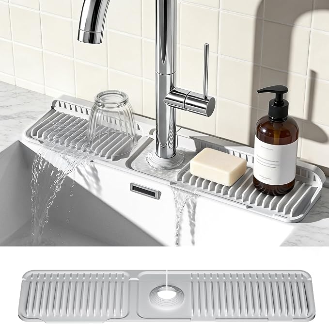 24 Inch Faucet Mat for Kitchen Sink, Silicone Splash Guard for Kitchen Sink Area, 7° Slope Fast Self-Draining Sink Mat, Cuttable Hole Design, Sink Backsplash Guard Draining Mat, Grey