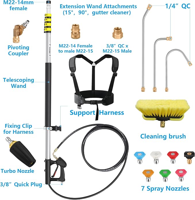 24 FT Telescoping Pressure Washer Extension Wand, Aluminum Power Washer Extension Wand with Turbo Nozzle & Brush Head, Solar Panel Cleaner Pole, 7 Nozzle Tips, 3 Adapters & Harness
