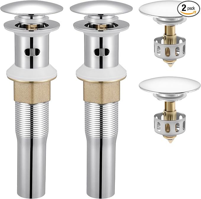KES Bathroom Sink Drain with Detachable Hair Catcher Basket, Pop Up Drain Stopper with Overflow Anti-Clogging Vanity Vessel Sink Drain, Polished Chrome 2 Pack 304 Stainless Steel, S2013A-CH-P2