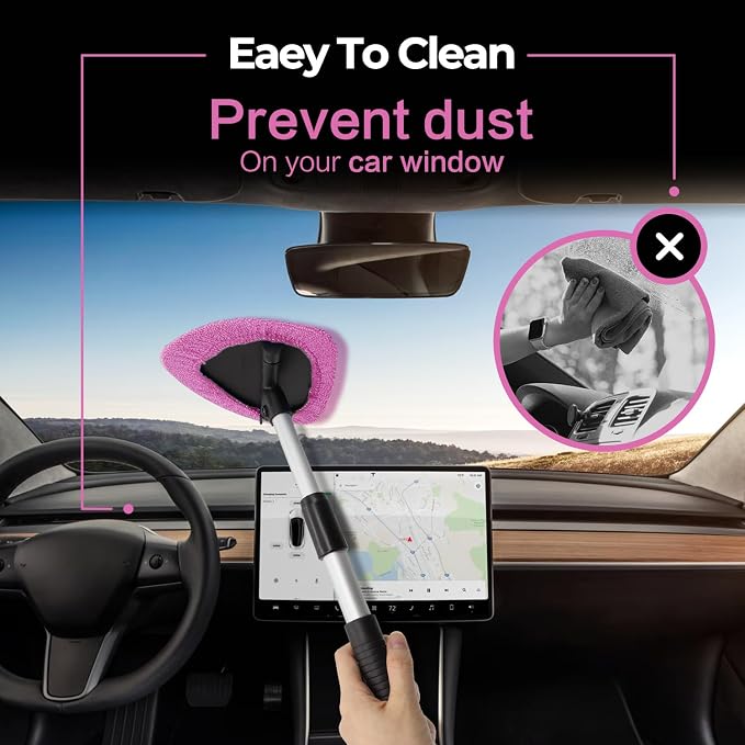 Windshield Cleaner Tool 22.5" L - Car Interior&Exterior Window Cleaning Kit with Extendable Handle&4 Microfiber Pads and Thick Large Wash Sponge, Auto Glass Wiper Brush Kit for Cars Home (7pcs Pink)