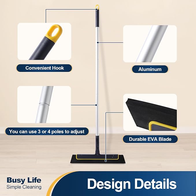 Yocada Floor Squeegee Broom EVA Foam Blade Aluminum Pole | Shower Bathroom Kitchen Home Tile Pet Hair Fur Floor Marble Glass Window Water Foam Cleaning Anti Static