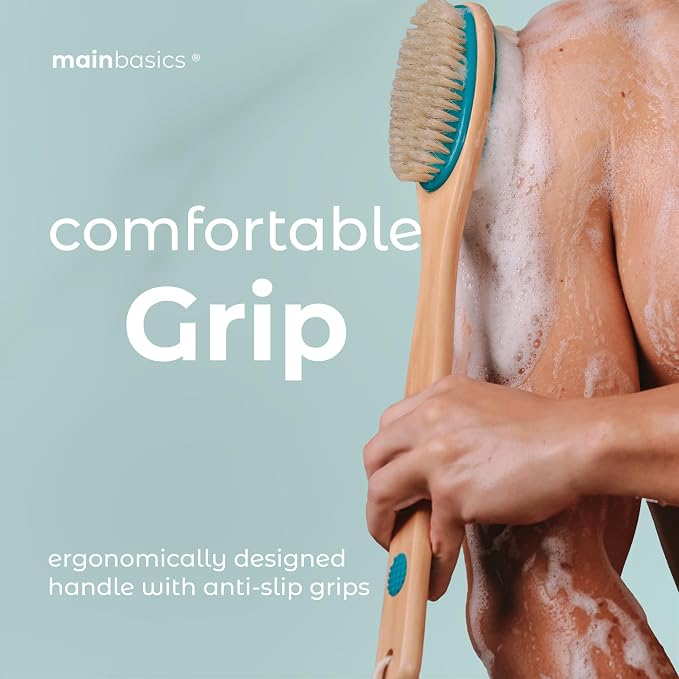 MainBasics Back Scrubber Shower Brush, Teal, Long Handle | Dual Sided Body Brush, Exfoliating Bristles and Soft Bristles, Back Scrubbing, Deep Cleaning