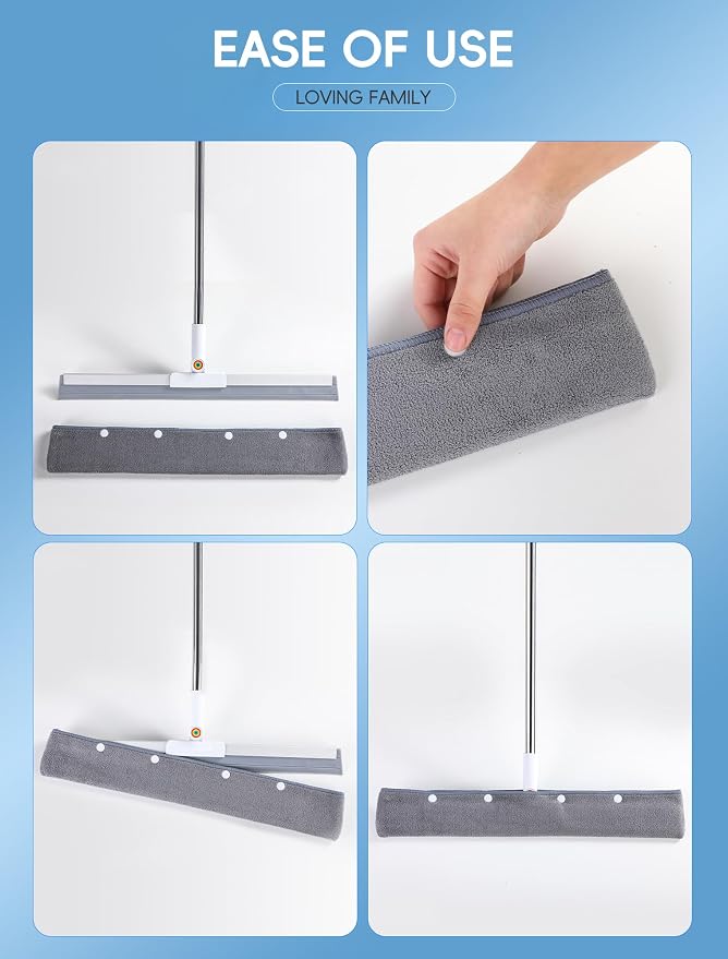 Floor Squeegee Broom with Long Handle, Heavy Duty Rubber Squeegee Kit, Scrubber for Tile Floor, Garage and Concrete, (Four Pieces of Fabric)