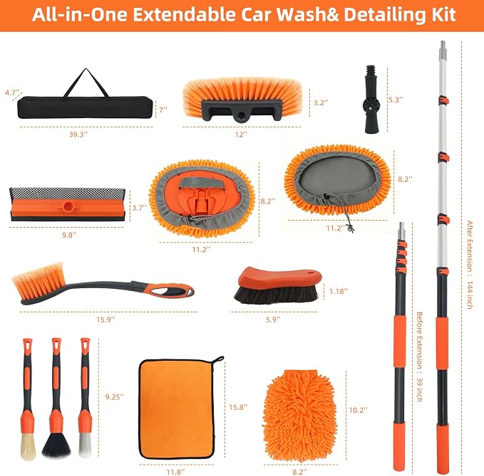 12FT Car Wash Brush with Long Handle Extension Pole Soft Bristle Car Cleaning Kit,Wheel & Tire Brush,Microfiber Wash Mop & Mitt,Window Squeegee,Detailing Brushes for Car RV Truck Boat House