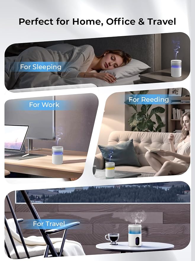 Waterless Essential Oil Diffuser: 𝟗-𝐂𝐨𝐥𝐨𝐫 𝐋𝐄𝐃 Snow White | Portable Scent Diffuser - No Water No Heat For Pure Aroma - 48H Battery 3 Mist Levels & 4 Timers for Car Office