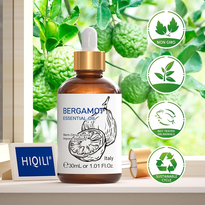 HIQILI Bergamot Essential Oil for Skin, Diffuser & Hair | Creates Soothing and Calming Atmosphere for Home and Office, Calms Your Mind, and Works for Skin, DIY -30mL / 1.01 fl oz