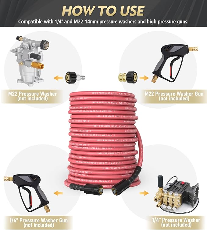 Pressure Washer Hose 50 ft, 4200 PSI Flexible & Kink-Resistant, Steel-Braided & Durable, High Power Washer Hose with M22-14mm Stainless Steel Plug, Hot/Cold Water Compatible - 50 Foot, Red