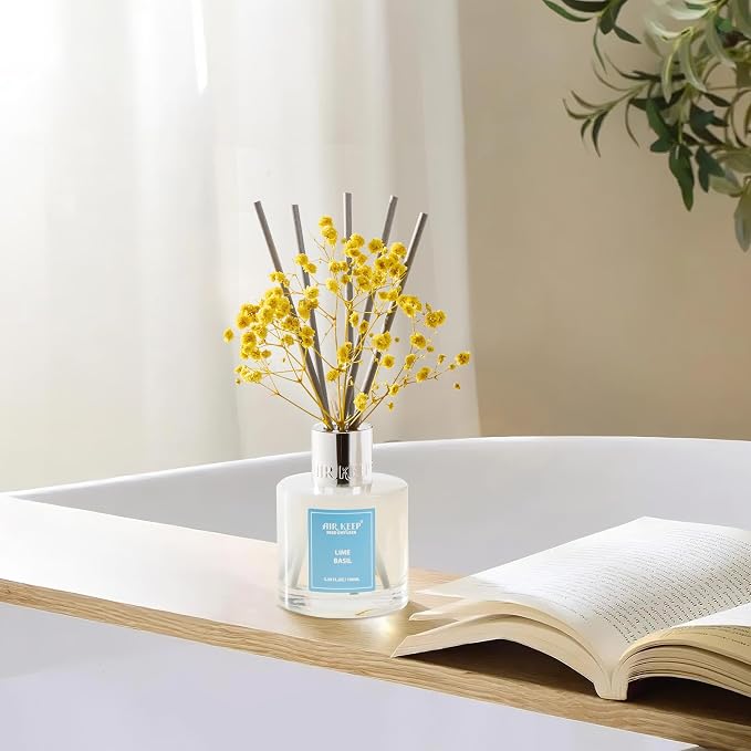 Reed Diffuser Set,3.38 fl oz (100 ml) - Lime Basil Oil Diffusers with 8 Reed Sticks, Home Fragrance Reed Diffuser for Bathroom Shelf Decor