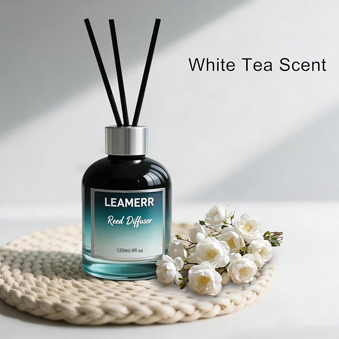 Luxury Hotel White Tea Reed Diffuser, 4oz (120ml) Clean Woody Floral Accord Scent Perfect for Home, Bathroom, Office & Room Decor