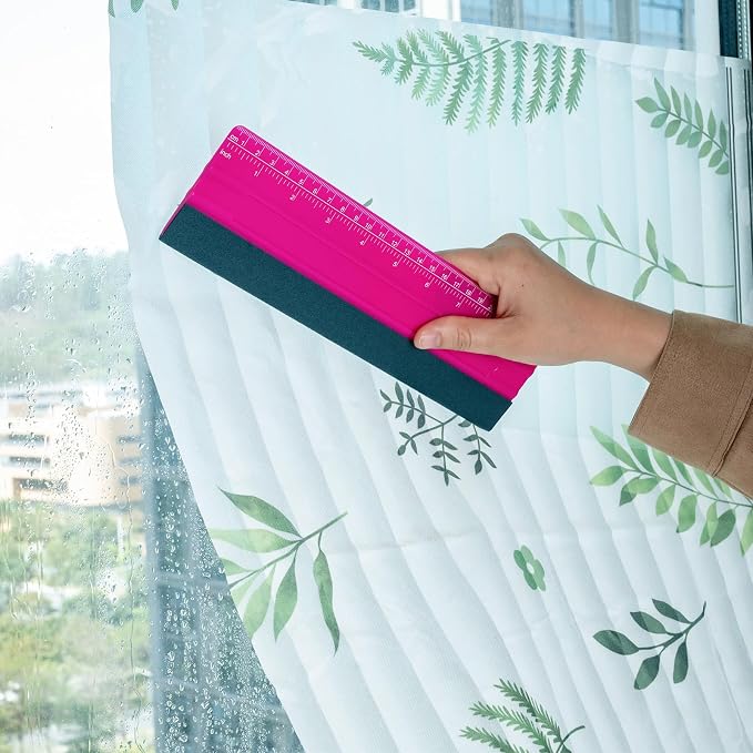 FOSHIO Professional Squeegee for Vinyl, Decals, Sticker Paper, Wallpaper, Window Film, Craft, Suede Felt Squeegee Smoothing Tool with Ruler, Pink (10 inches)