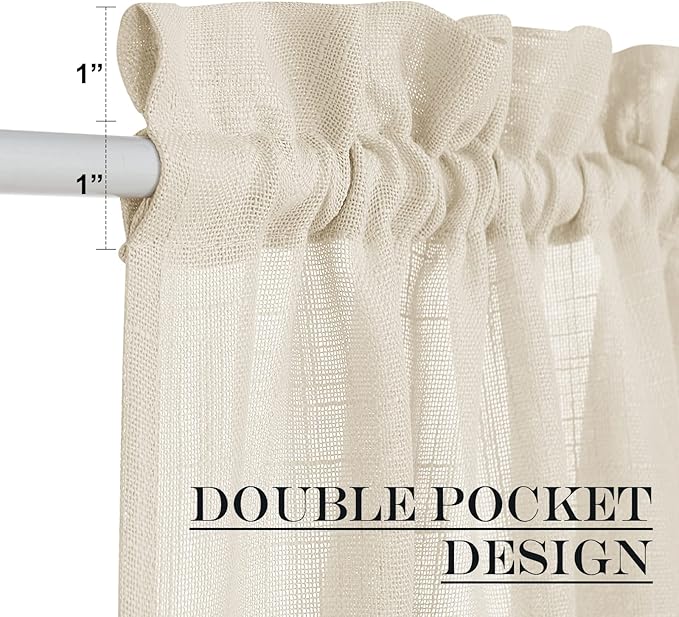 NICETOWN Faux Linen Kitchen Bathroom Door Curtains 40 Inches Length, Farmhouse Dual Rod Pocket Sheer French Door Curtains for Glass with Tieback for Privacy Protection, 1 PC, 36x40, Beige