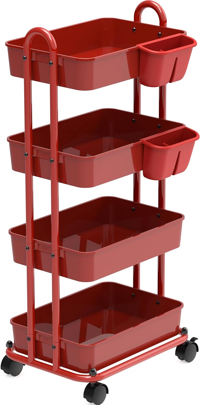 Simple Houseware 4-Tier Multifunctional Rolling Utility Cart with Hanging Buckets, Red