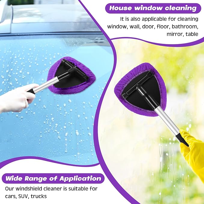 Potchen 8pcs Car Windshield Cleaner Tool with Extendable Handle, Purple | with Microfiber Towel Pads, Brush, Empty Spray Bottle, Car Window Cleaner for Auto Glass Wiper Suvs Rvs & Home Windows