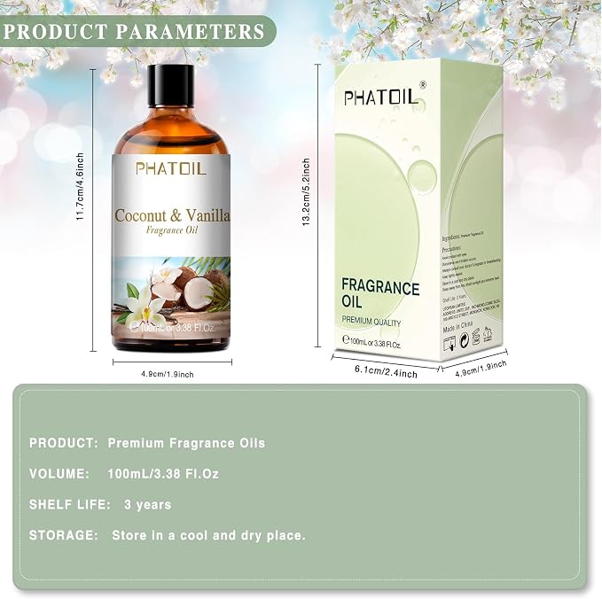 PHATOIL Coconut & Vanilla Fragrance Oil for Diffuser Aromatherapy 3.38FL.OZ | Long Lasting Scented Oils For Humidifier, Air Freshener, DIY Soap Candle, Scent Project Making, Aroma Oil for Home Freshening