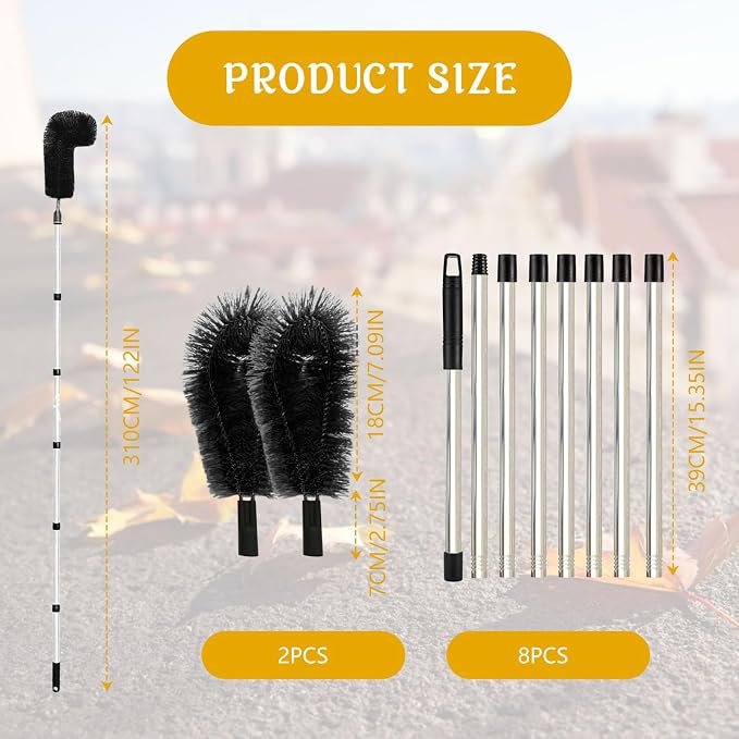 Gutter Cleaning Brush Extendable Guard Cleaner Tool with 8 Pcs Telescoping Handle Extension Pole 10ft, Gutter Cleaning Tools from The Ground for Easy Removing Leaves Debris Window Cleaner (Black)