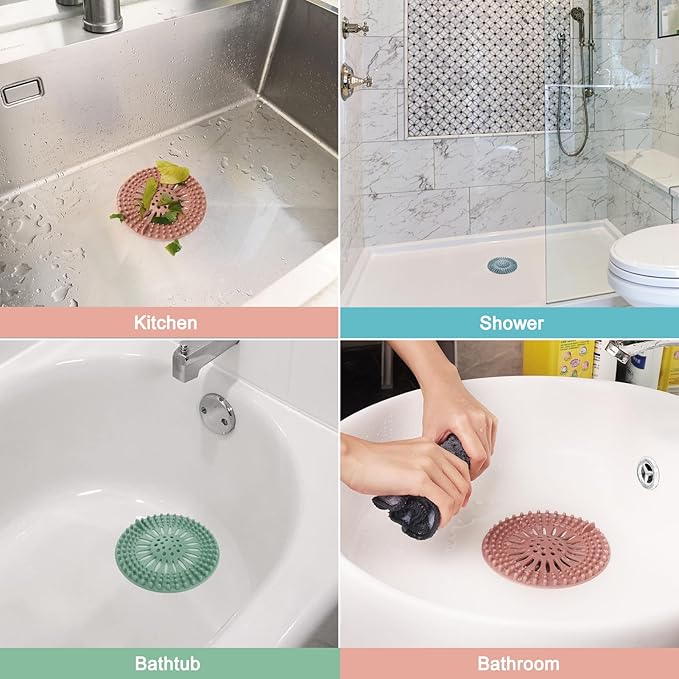 Gotega 5 Pack Sink Drain Strainer, Hair Catcher for Bathroom Tub Shower | Shower drain covers protector, flexible TPR material, multiple colors, hair trap garbage disposal parts, easy to clean
