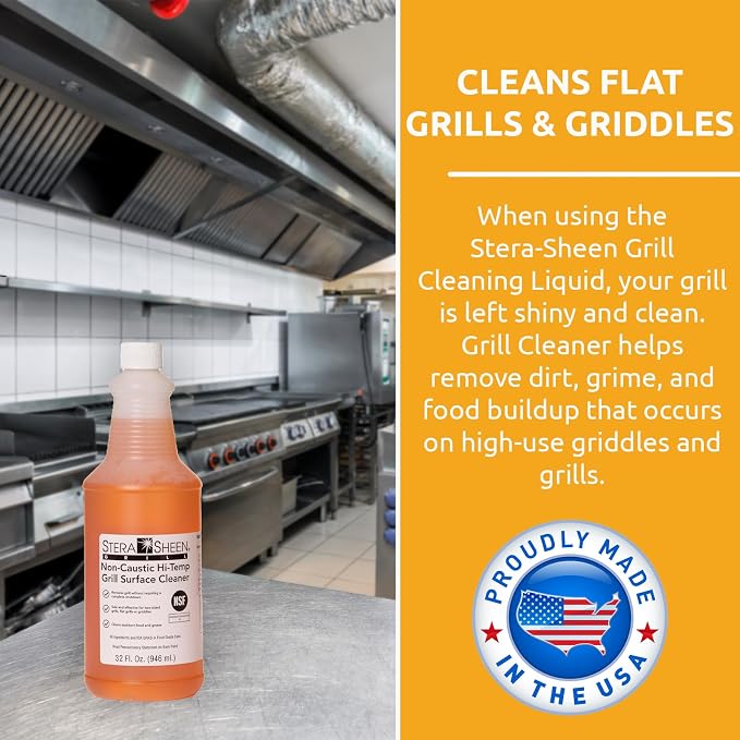 Stera Sheen - Grill Cleaner - Food Safe, Non-Caustic Formula - Restaurant & Cafe Quality Cleaner for Flat Top Grills and Griddles - Remove Tough Encrusted Grease - 32 fl oz Bottle (4 count)