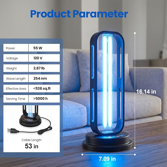 Metal UV Light Sanitizer, 55W Ultraviolet Sanitizer w/o Ozone, Ultraviolet Light with 3 Speed Timings, Home Disinfection Device, Dust Mites Remover for Room, Kitchen, Hotel, Office