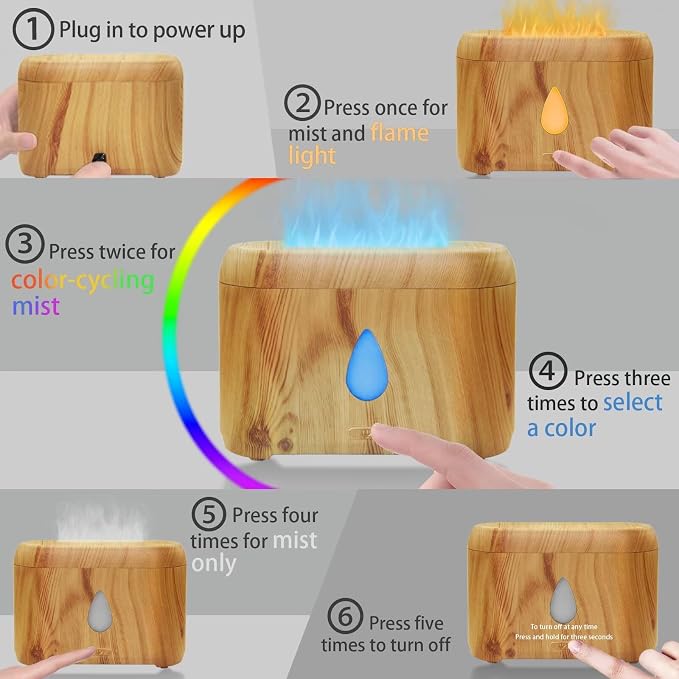 Flame Diffuser for Essential Oils, 200ml Ultrasonic Aroma Diffusers with Cool Mist, Aromatherapy Diffuser with Auto-Off Protection, Small Humidifier for Home,Office,Bedroom,Gift (7 Colors Wood)