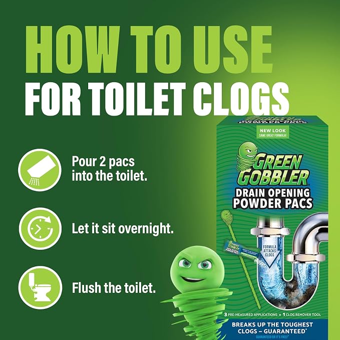 Green Gobbler Drain Clog Remover & Drain Cleaner Powder (5 Pacs & 5 Tools)