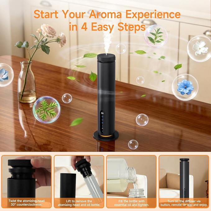 Waterless Essential Oil Diffuser, 1000 Sq.Ft Coverage, Smart App & Remote Control Scent Machine, 3 Color Ambient Lights, Adjustable Mist, Quiet Aromatherapy Diffuser for Home Large Room Hotel, Black