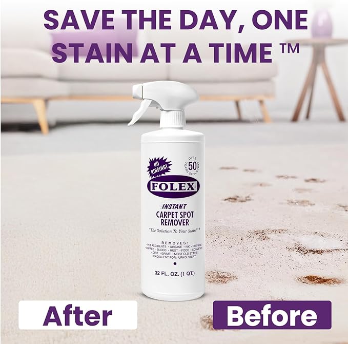 FOLEX Instant Carpet Spot Remover 32 oz – Powerful Stain Remover for Carpets, Upholstery & Rugs – Eliminates Pet Stains, Grease, Red Wine, Food, Makeup & More – With Reusable Cleaning Cloth – 5 Pack