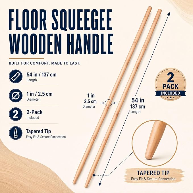 2 Pack Floor Squeegee Wooden Handle, 54 Inch Sanded Wood Broom Handle with Tapered Tip, Comfortable Grip Cleaning Replacement Accessories